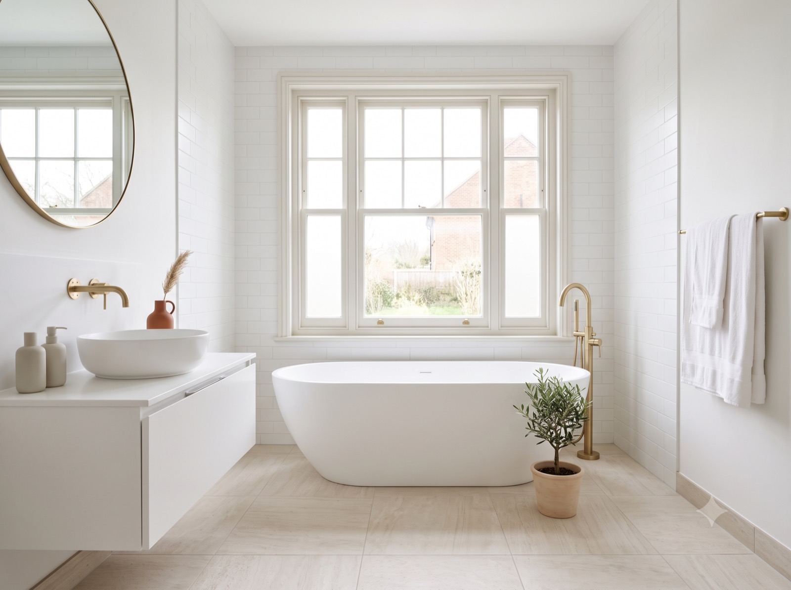 Renovated bathroom with freestanding bath and brass fixtures, Weybridge