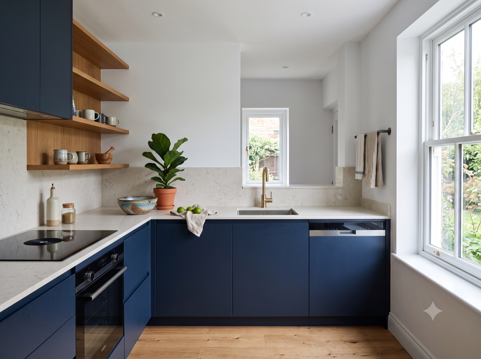 Newly remodelled kitchen with navy cabinetry and oak shelving, Guildford