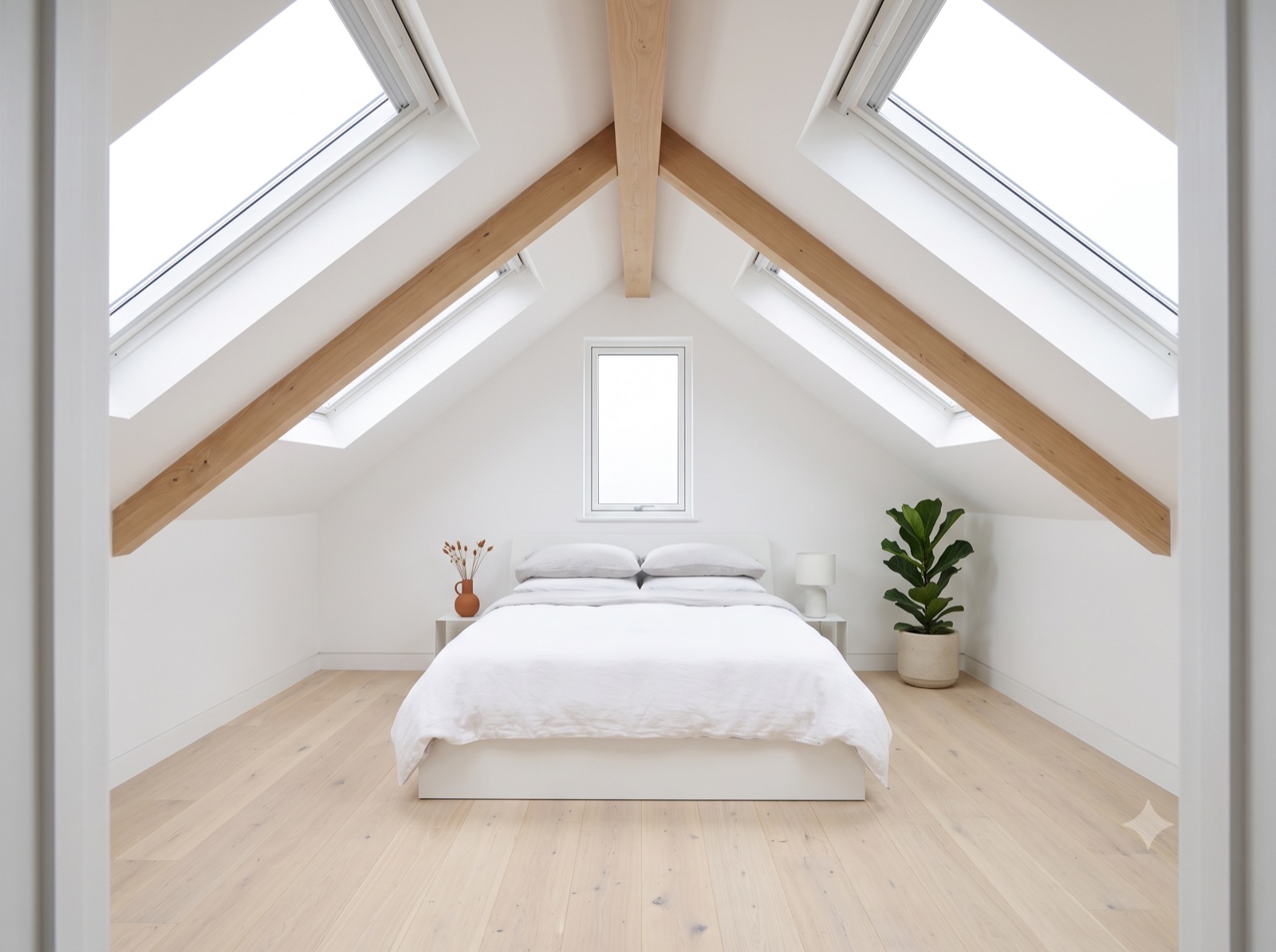 Bright loft conversion bedroom with skylights and exposed beam, Richmond