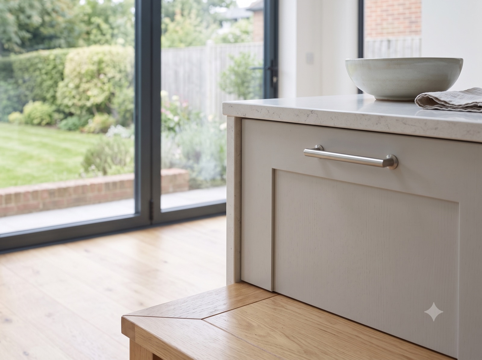 Close detail of the stone worktop, shaker cabinetry, and brushed-metal hardware